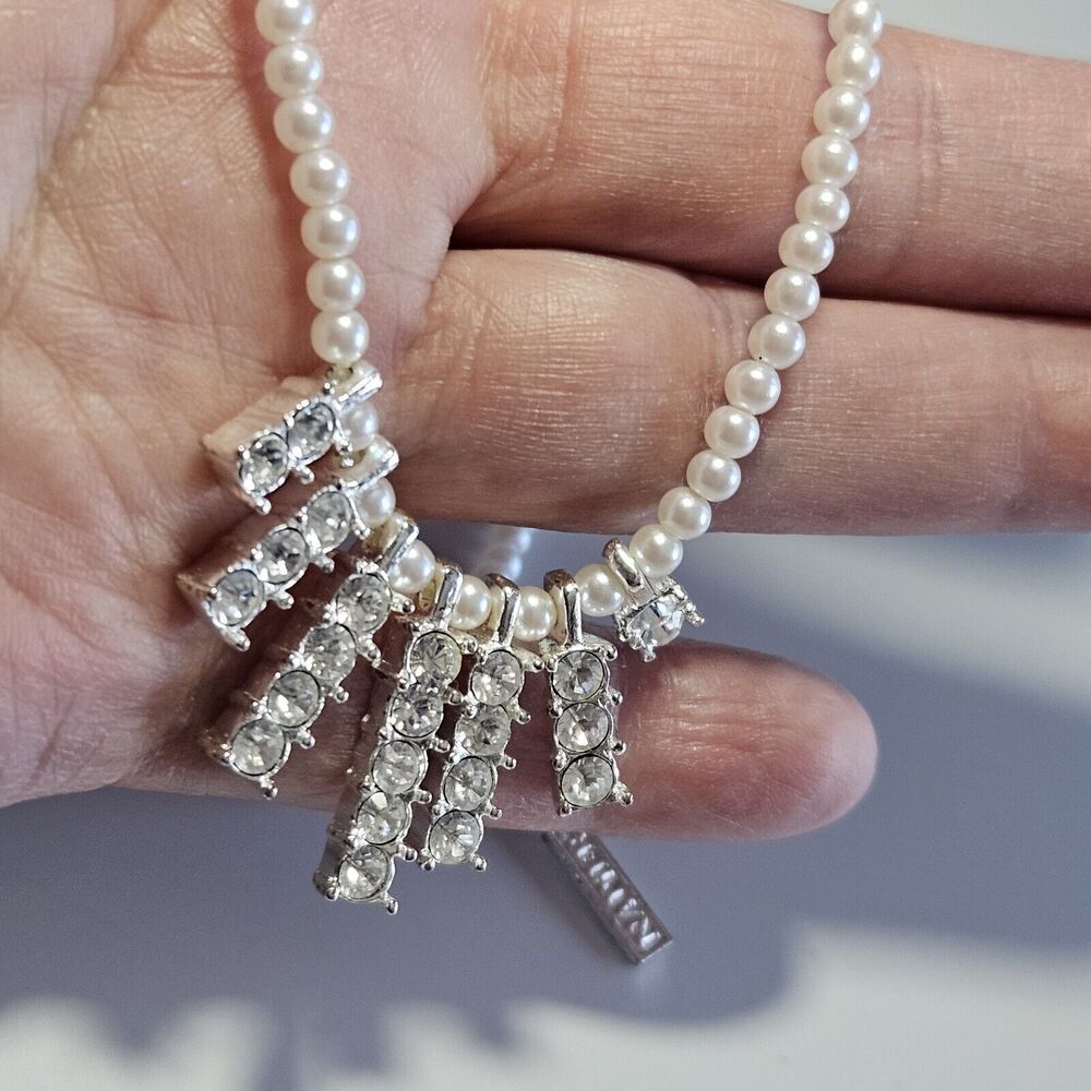Napier Silver Tone Faux Pearl And Rhinestone Necklace 16-18" - Picture 4 of 14